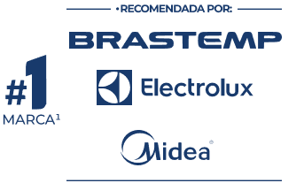 Promotional graphic with "#1 MARCA" and logos for Brastemp, Electrolux, and Midea.